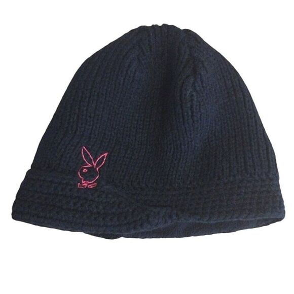 VTG Y2K PLAYBOY Bunny Black Knit Pink Embroidered Rabbit Head Beanie - Picture 2 of 12